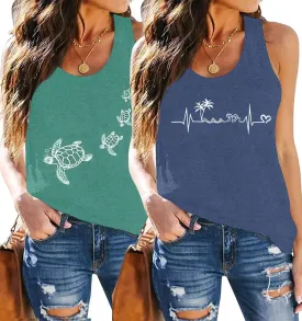 2 Pack Womens Tank Tops Vintage Graphic Racerback Tank Top Summer Sleeveless Loose Casual Workout Yoga Tanks Cami