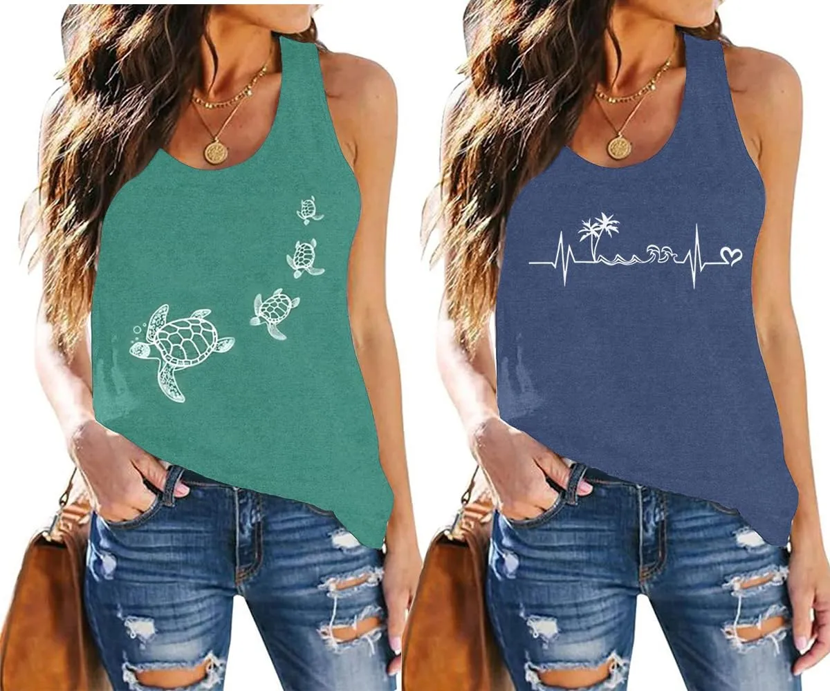 2 Pack Womens Tank Tops Vintage Graphic Racerback Tank Top Summer Sleeveless Loose Casual Workout Yoga Tanks Cami
