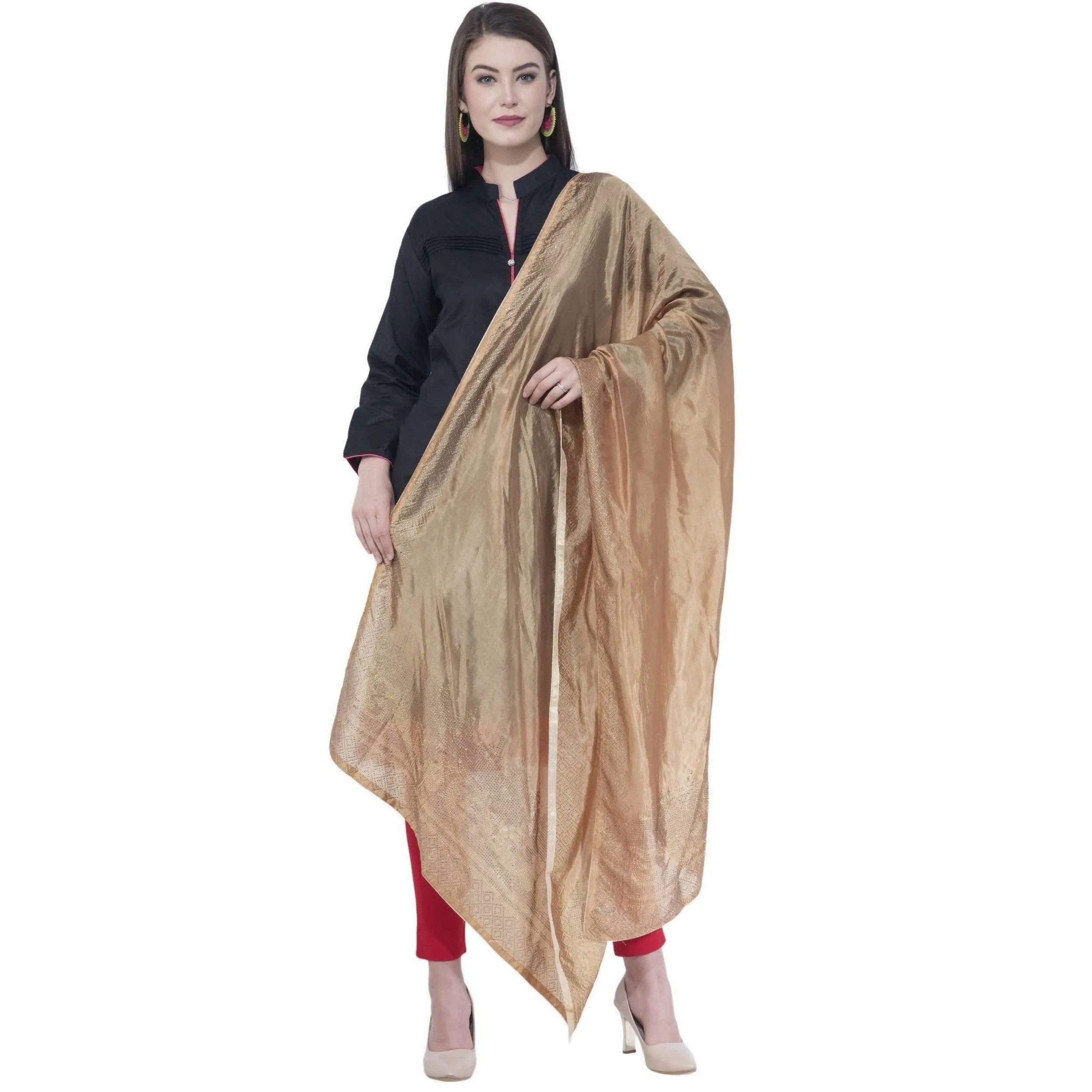 A R Silk Dark Golden Color Silk Siroski Dupattas and Chunnis