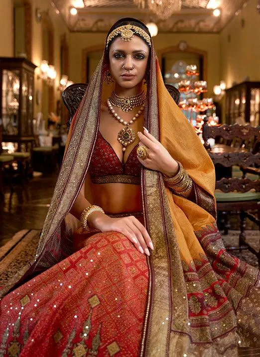 Affectionate Red & Yellow Bridal Lehenga Choli with Sparkle & Mirror Work in Smooth Rajwadi Silk