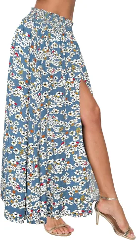 Afibi Women's Print Long Skirts High Waist Split A Line Full Length Maxi Skirt