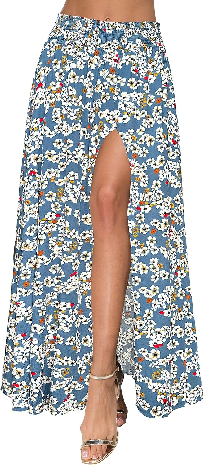 Afibi Women's Print Long Skirts High Waist Split A Line Full Length Maxi Skirt