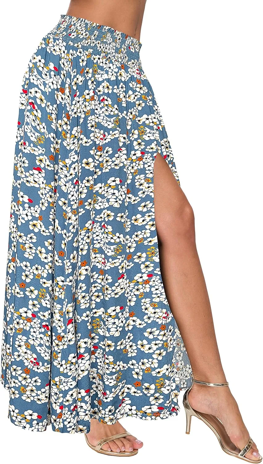 Afibi Women's Print Long Skirts High Waist Split A Line Full Length Maxi Skirt