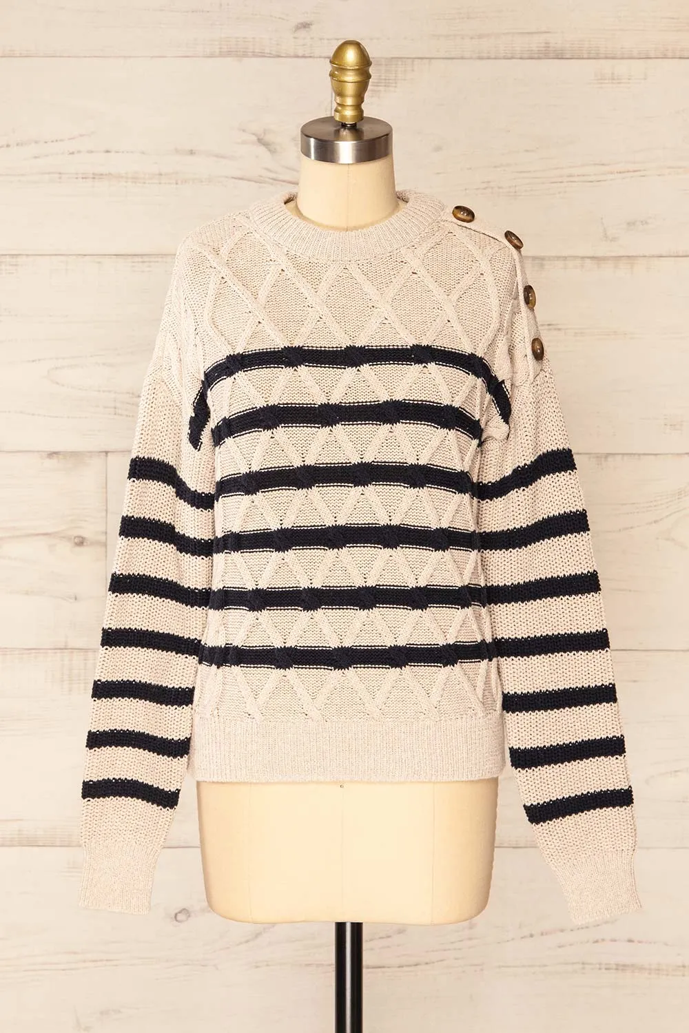 Algesiras Beige | Diamond Knit Striped Sweater