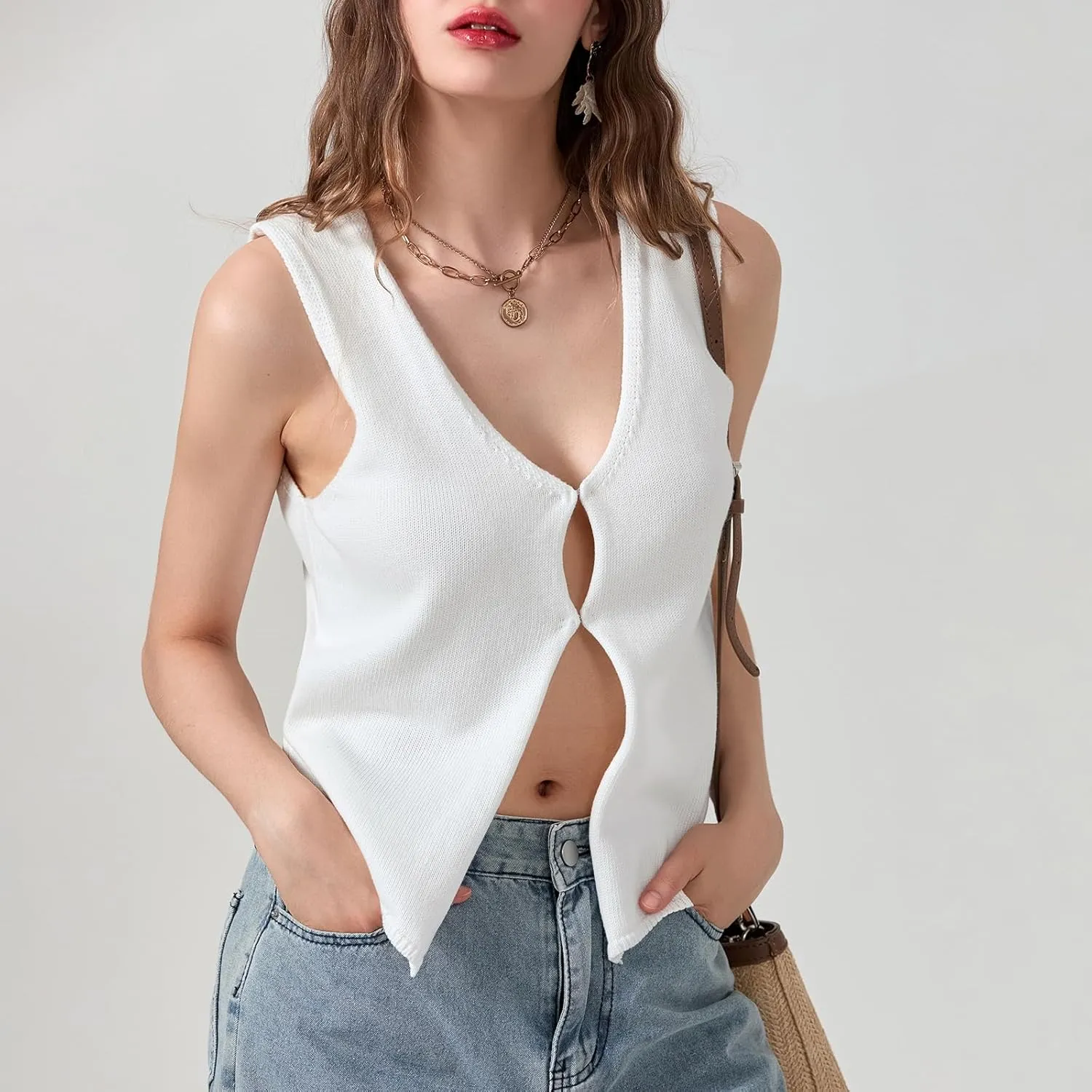 Aopwsrlyi Women Crochet Knit Crop Vest Button Down V Neck Sleeveless Crop Tops Open Front Hollow Out Tank Top