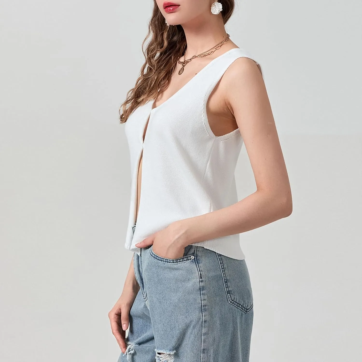 Aopwsrlyi Women Crochet Knit Crop Vest Button Down V Neck Sleeveless Crop Tops Open Front Hollow Out Tank Top