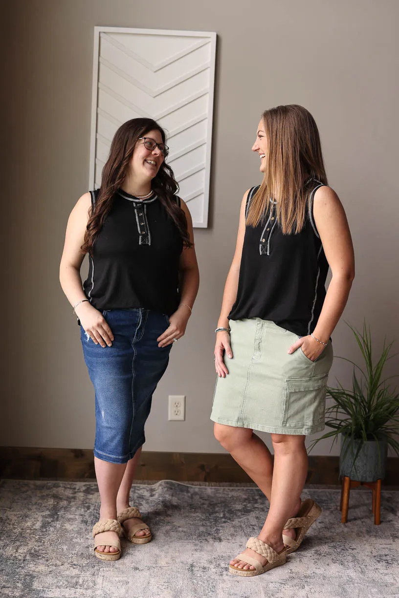 Black Contrast Stitching Henley Tank