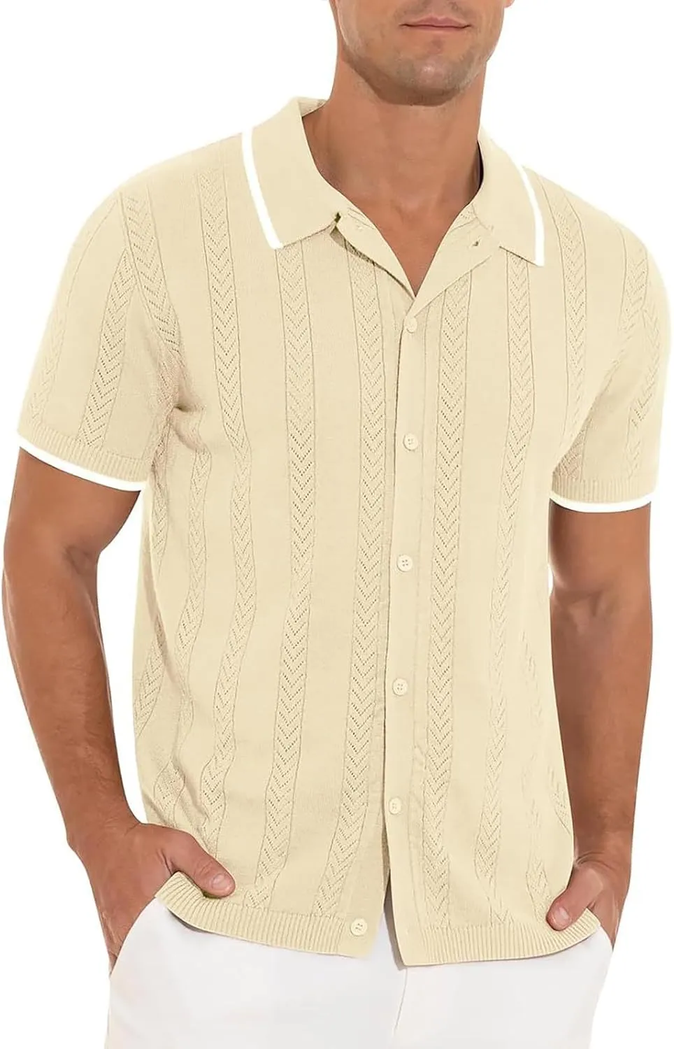 Casual Knit Shirts for Men Vintage Short Sleeve Button Down Vacation T-Shirts Summer Stretch Fit Textured Beach Tops