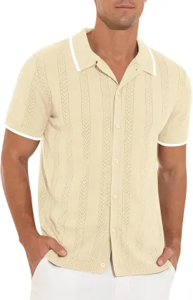 Casual Knit Shirts for Men Vintage Short Sleeve Button Down Vacation T-Shirts Summer Stretch Fit Textured Beach Tops