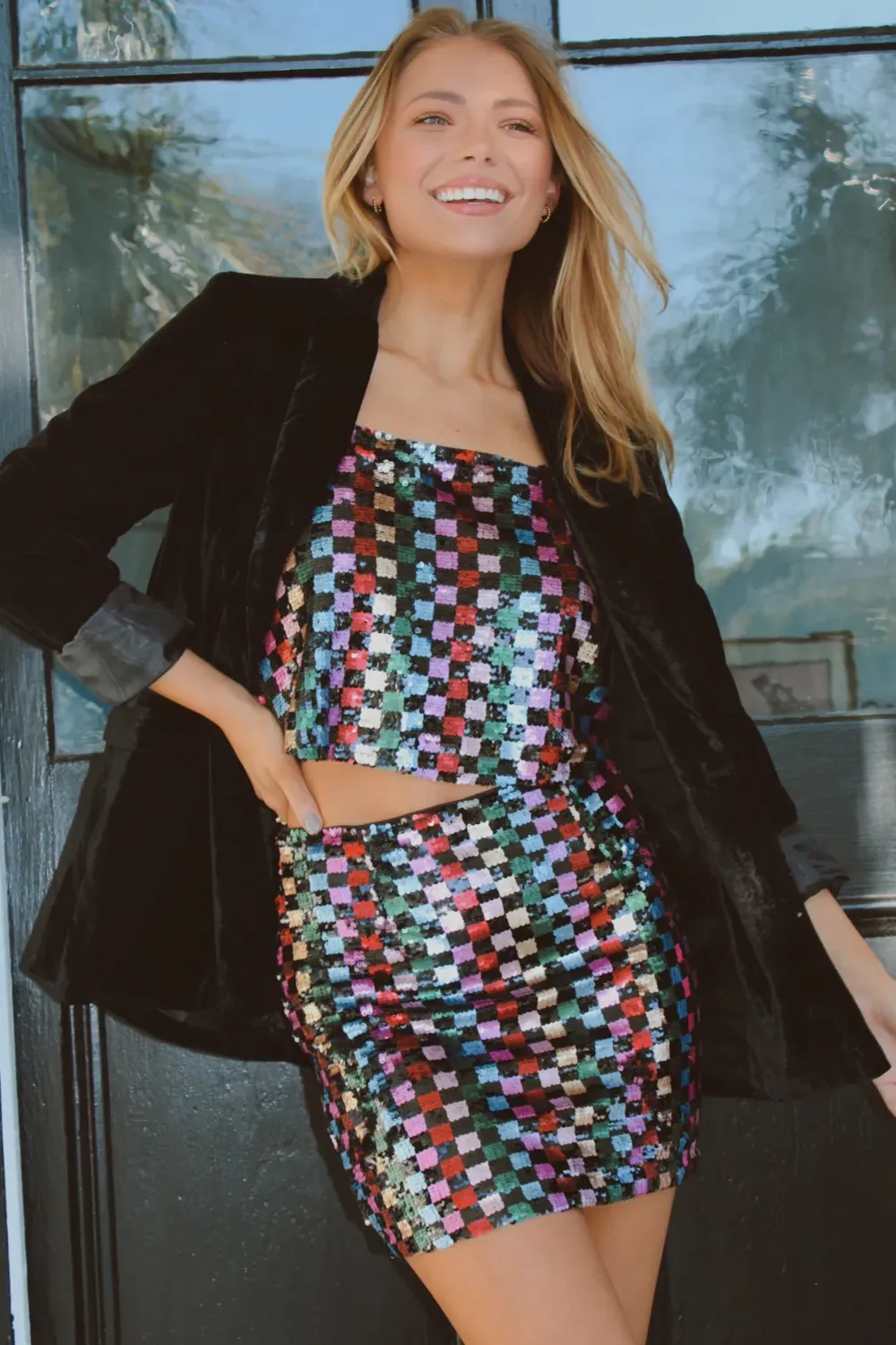CELESTE CHECKED SEQUIN SKIRT SET