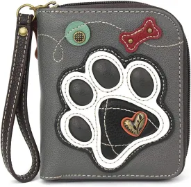 CHALA Zip Around Wallet, Wristlet, 8 Credit Card Slots, Sturdy Pu Leather - B&W Paw Print - Gray