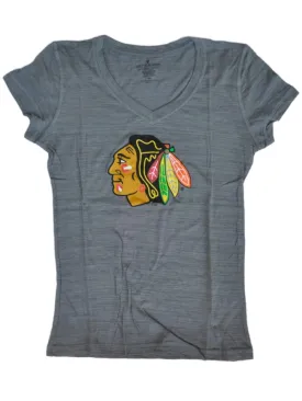 Chicago Blackhawks SAAG Women Light Gray Tri-Blend V-Neck T-Shirt