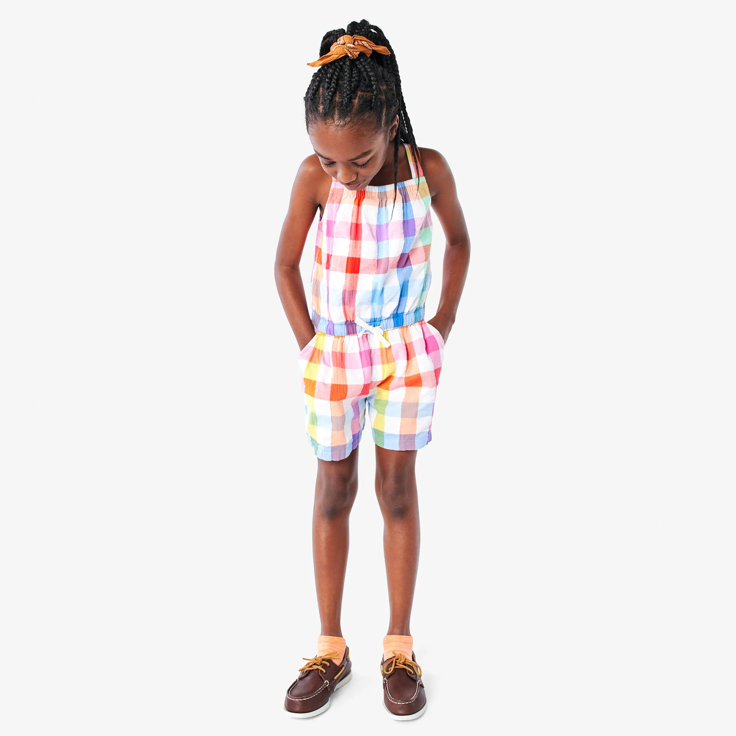 Clearance tank romper in rainbow gingham