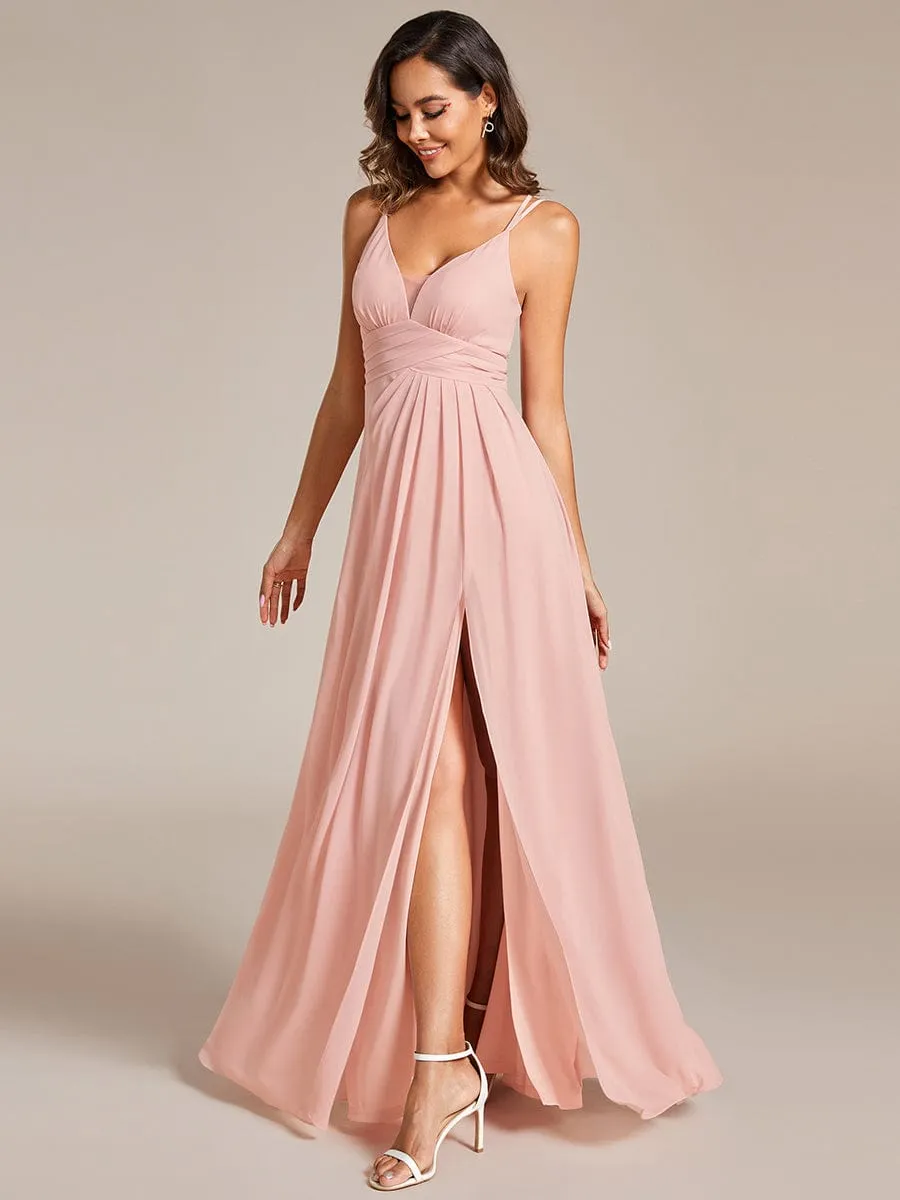 Deep V-Neck High Front Slit Spaghetti Strap Back X-Cross Bridesmaid Dress