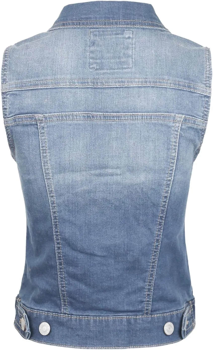 Design by Olivia Women's Classic Sleeveless Stone Wash Distressed Denim Vest