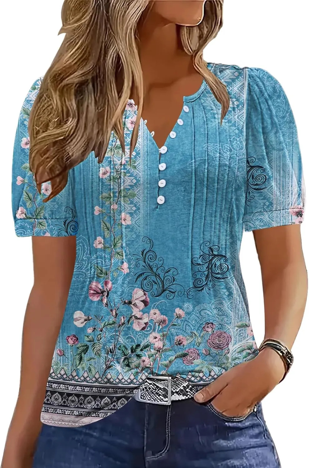ETCYY Womens Shirts Dressy Casual Short Sleeve 2025 Summer Tops Spring V Neck Button Down Pleated Ladies Tunic Blouses
