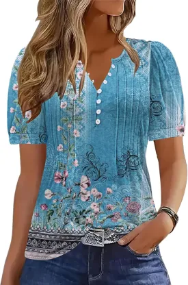 ETCYY Womens Shirts Dressy Casual Short Sleeve 2025 Summer Tops Spring V Neck Button Down Pleated Ladies Tunic Blouses