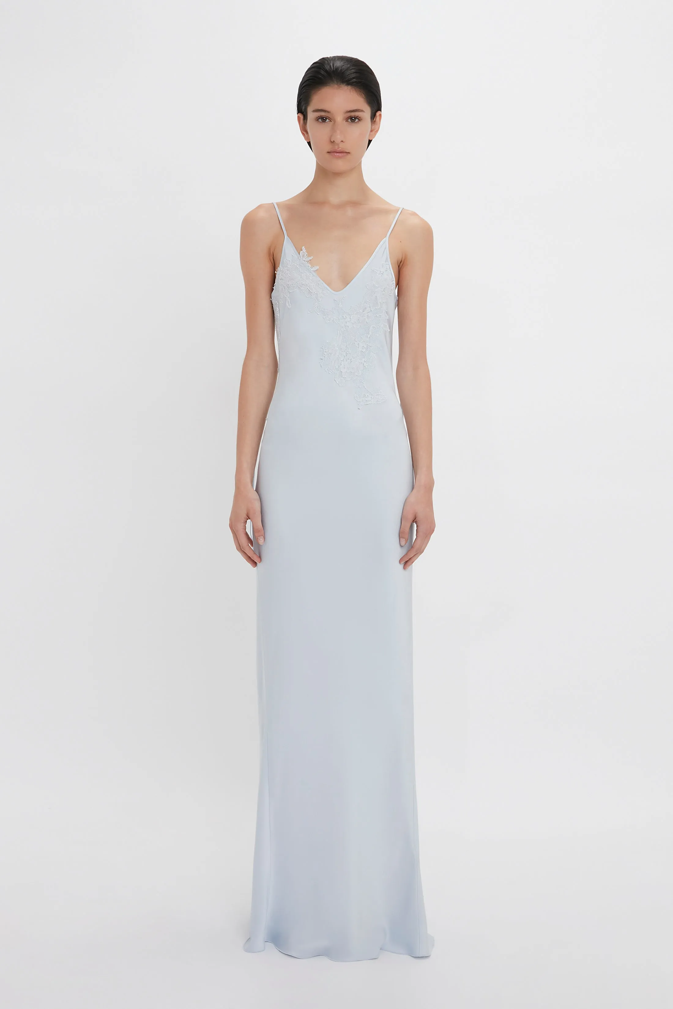 Ice Blue Floor-Length Cami Dress with Exclusive Lace Detailing