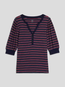Fitted Stripe Henley Puff Sleeve Top