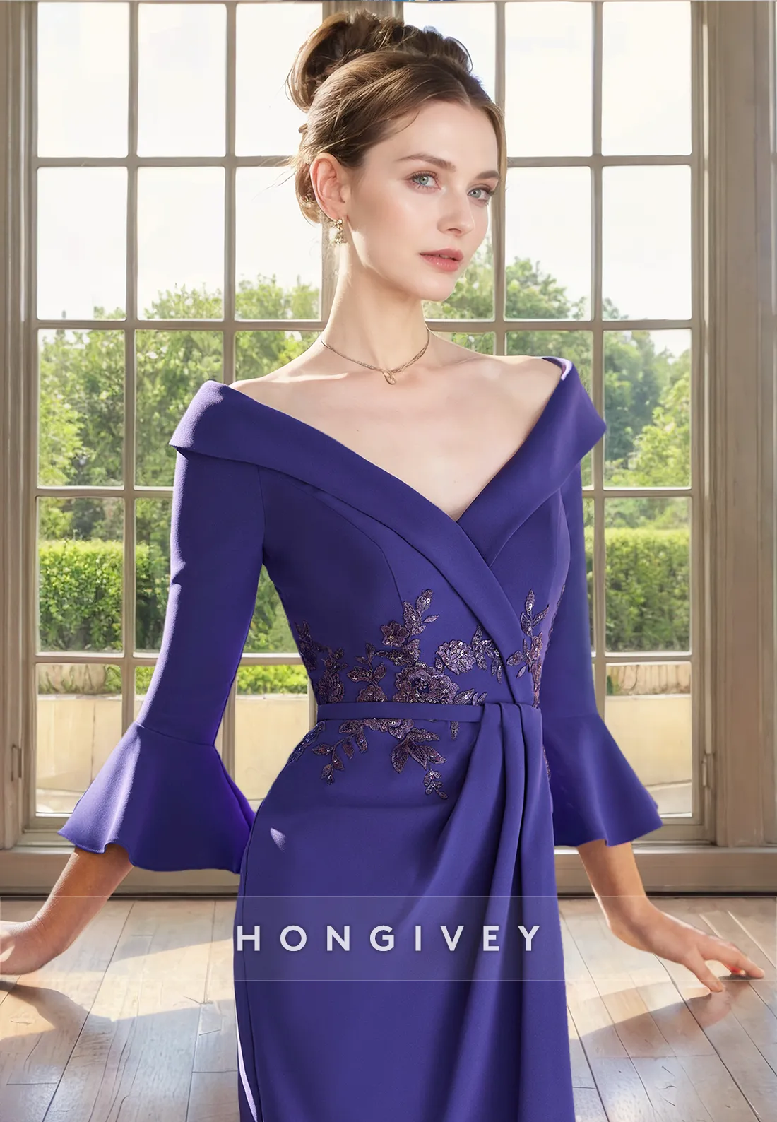 Fitted V-Neck 3/4 Sleeves Empire Appliques Mother of the Bride Dress