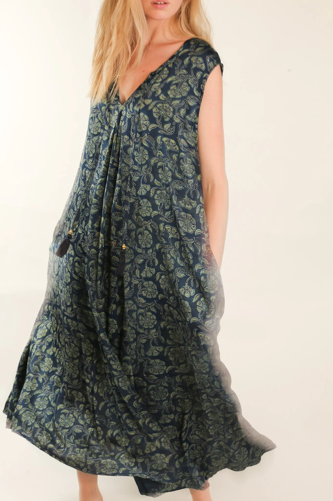 HAND BLOCK PRINT SILK DRESS NATCHA