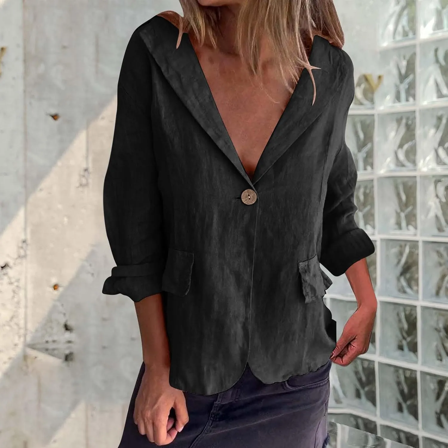 HGps8w Cotton Linen Blazer for Women 3/4 Sleeve Lightweight Breathable Casual One Button Suit Jacket