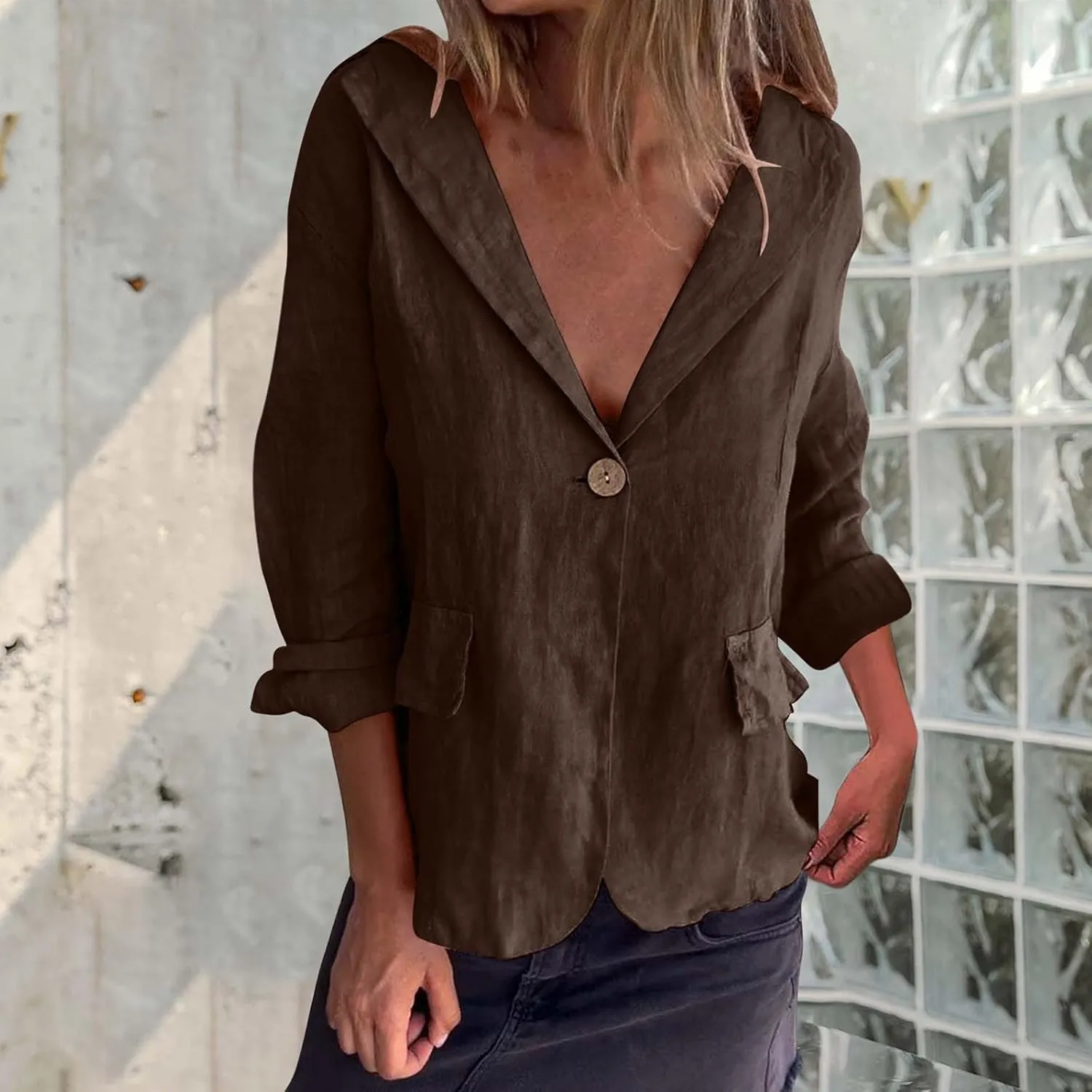 HGps8w Cotton Linen Blazer for Women 3/4 Sleeve Lightweight Breathable Casual One Button Suit Jacket