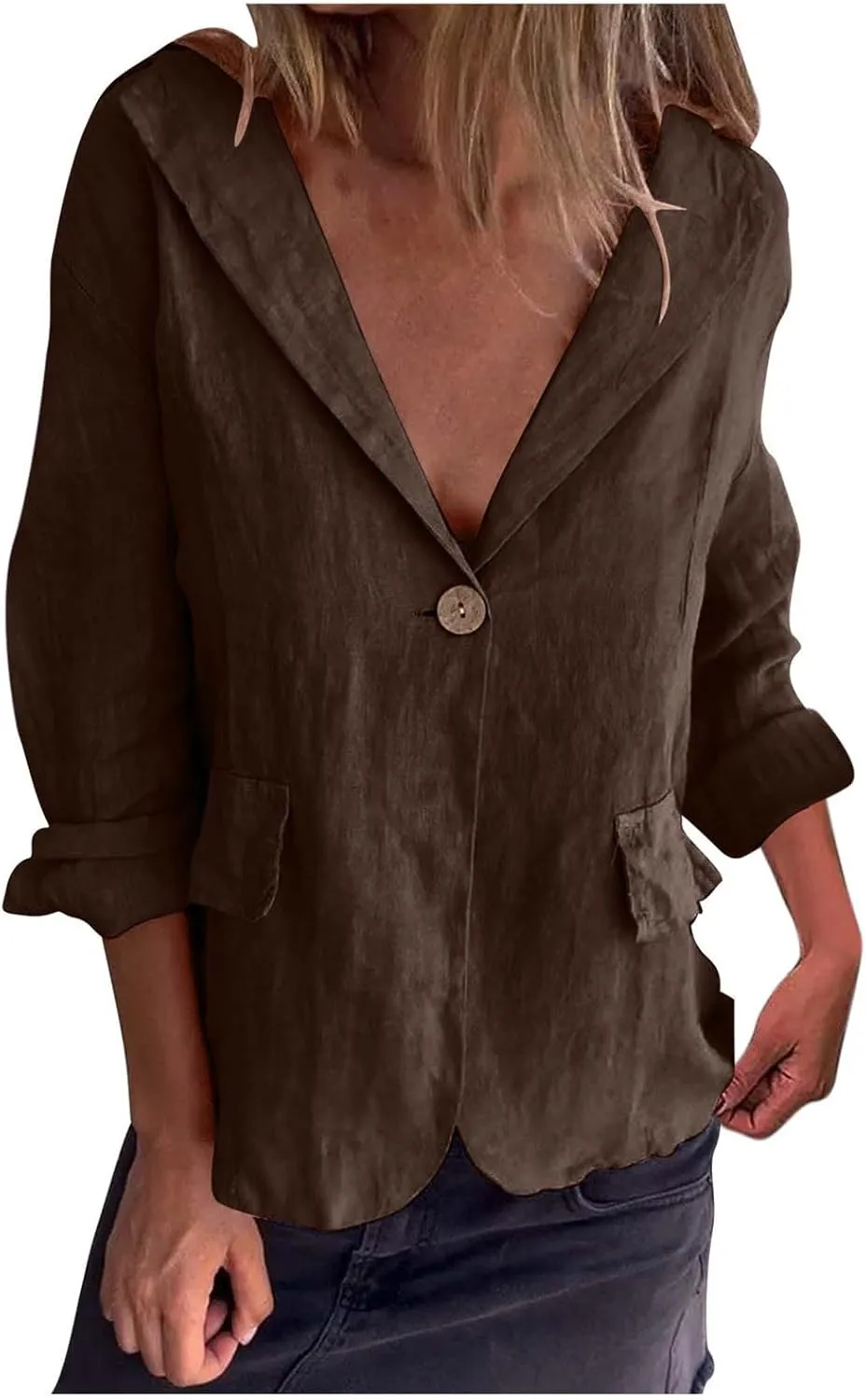 HGps8w Cotton Linen Blazer for Women 3/4 Sleeve Lightweight Breathable Casual One Button Suit Jacket