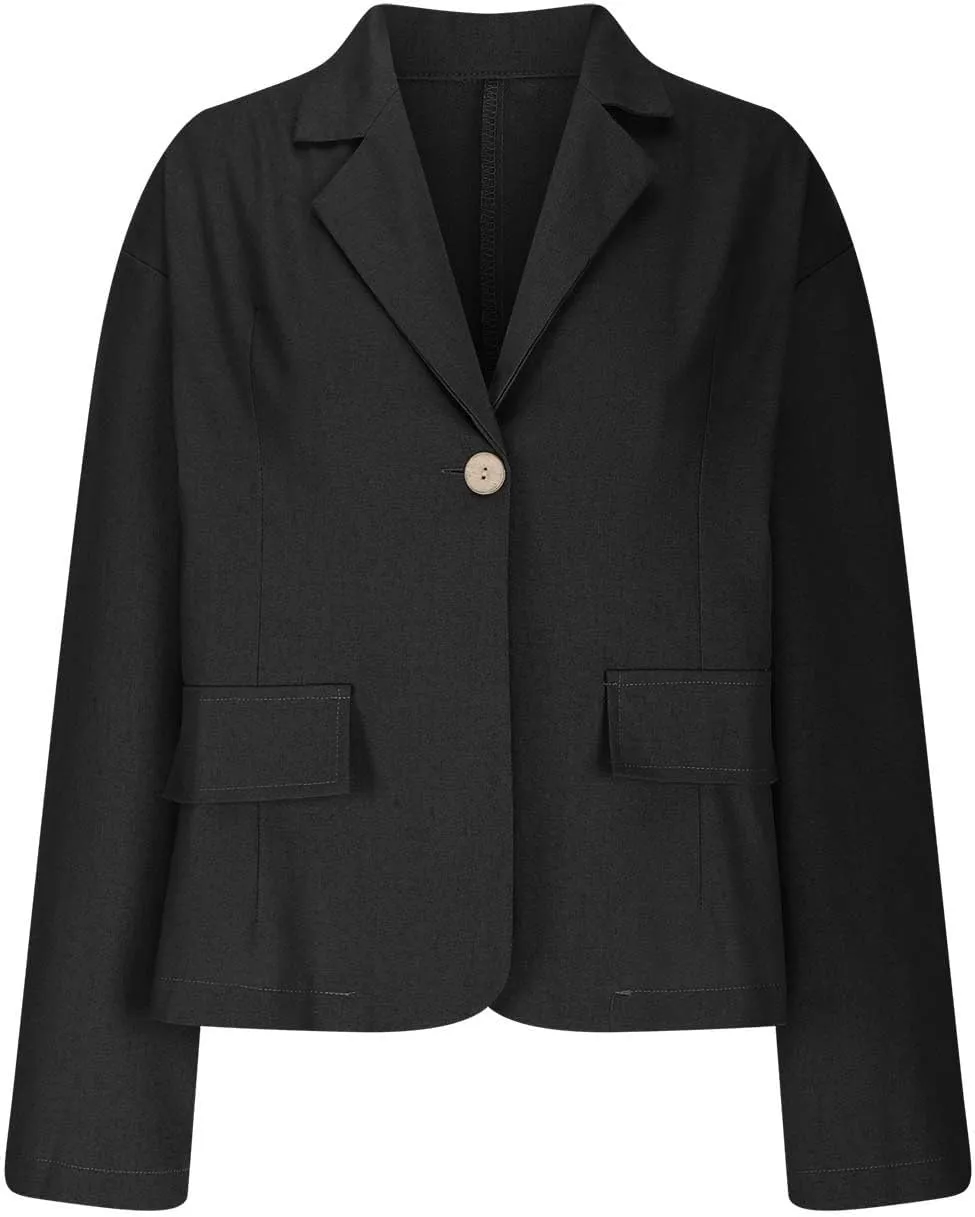 HGps8w Cotton Linen Blazer for Women 3/4 Sleeve Lightweight Breathable Casual One Button Suit Jacket