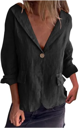HGps8w Cotton Linen Blazer for Women 3/4 Sleeve Lightweight Breathable Casual One Button Suit Jacket