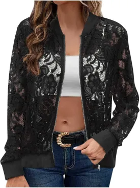HGps8w Floral Lace Jackets for Women's Stand Collar Zip Up Mesh Sheer Baseball Jacket