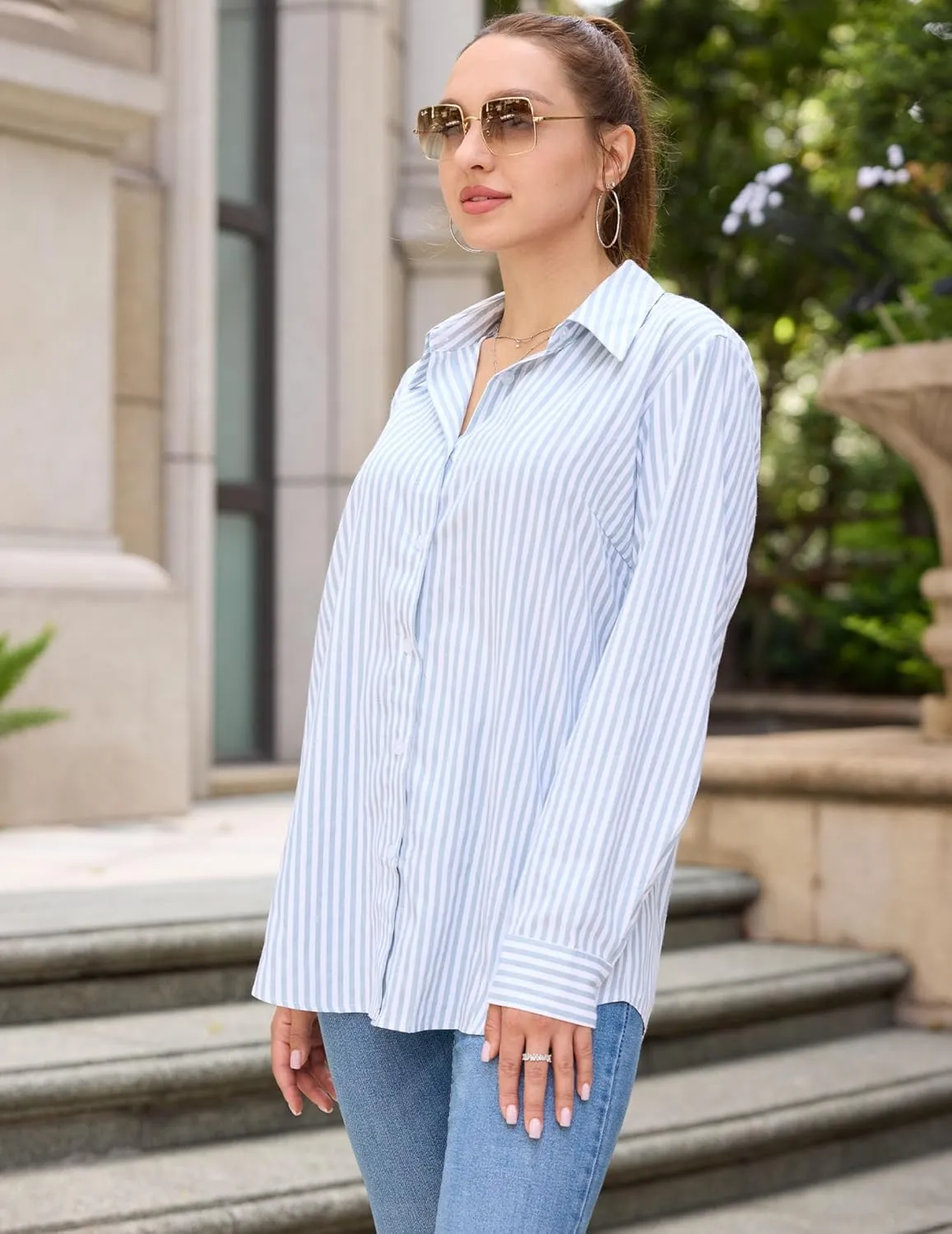 HOTOUCH Womens Striped Button Down Shirts Collared Shirt Casual Long Sleeve Business Office Work Blouses Tops