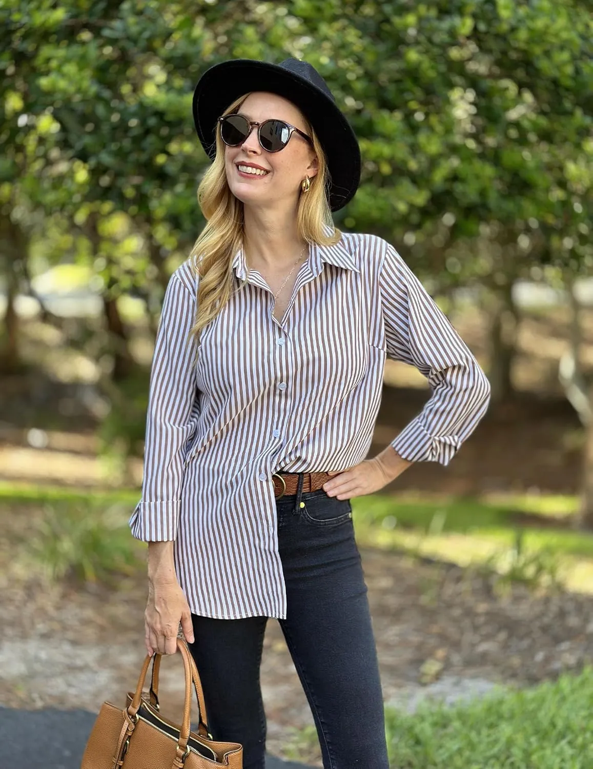 HOTOUCH Womens Striped Button Down Shirts Collared Shirt Casual Long Sleeve Business Office Work Blouses Tops
