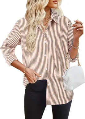 HOTOUCH Womens Striped Button Down Shirts Collared Shirt Casual Long Sleeve Business Office Work Blouses Tops