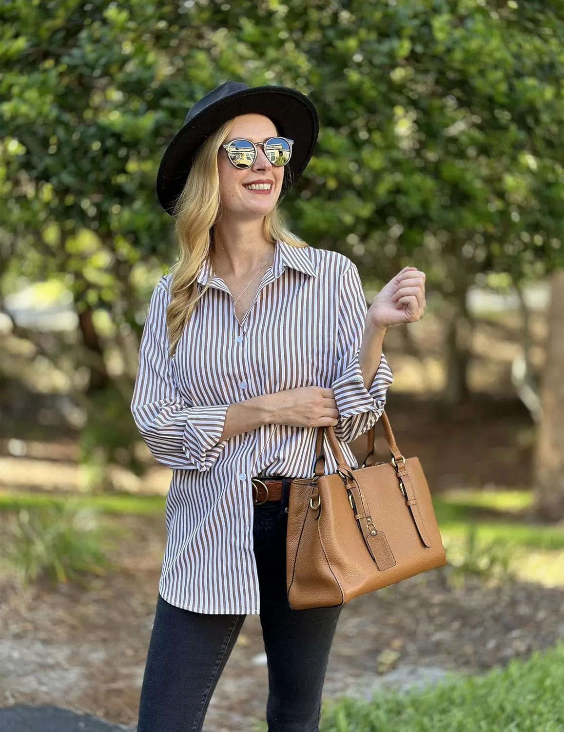 HOTOUCH Womens Striped Button Down Shirts Collared Shirt Casual Long Sleeve Business Office Work Blouses Tops