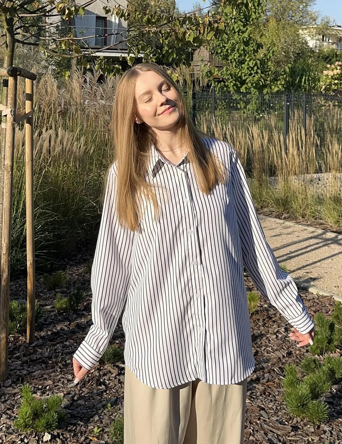 HOTOUCH Womens Striped Button Down Shirts Collared Shirt Casual Long Sleeve Business Office Work Blouses Tops