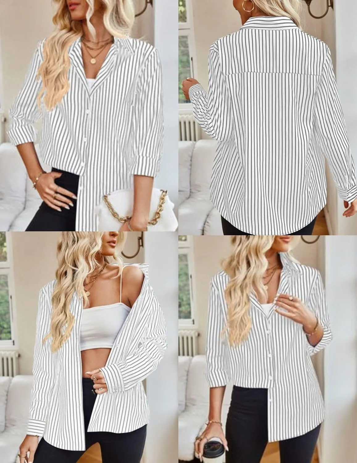 HOTOUCH Womens Striped Button Down Shirts Collared Shirt Casual Long Sleeve Business Office Work Blouses Tops