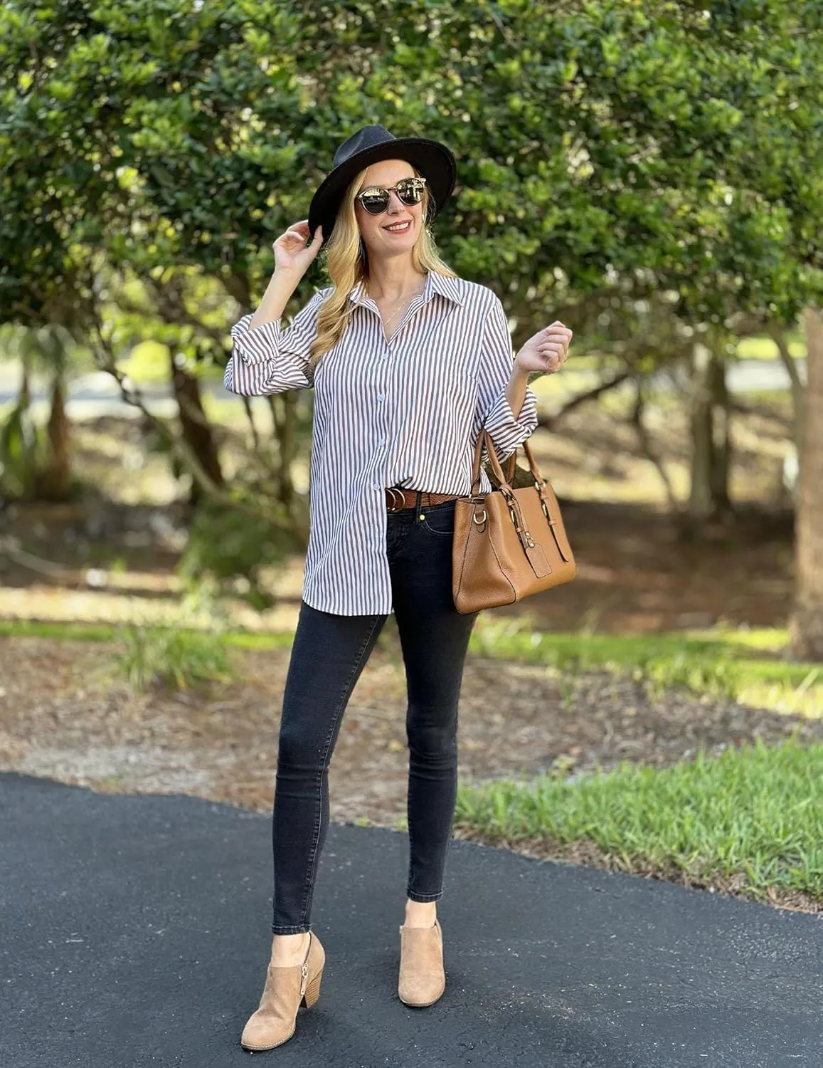 HOTOUCH Womens Striped Button Down Shirts Collared Shirt Casual Long Sleeve Business Office Work Blouses Tops