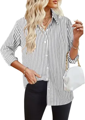 HOTOUCH Womens Striped Button Down Shirts Collared Shirt Casual Long Sleeve Business Office Work Blouses Tops