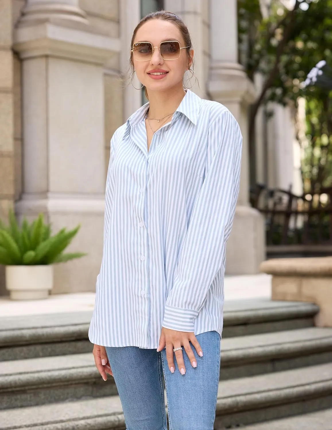 HOTOUCH Womens Striped Button Down Shirts Collared Shirt Casual Long Sleeve Business Office Work Blouses Tops