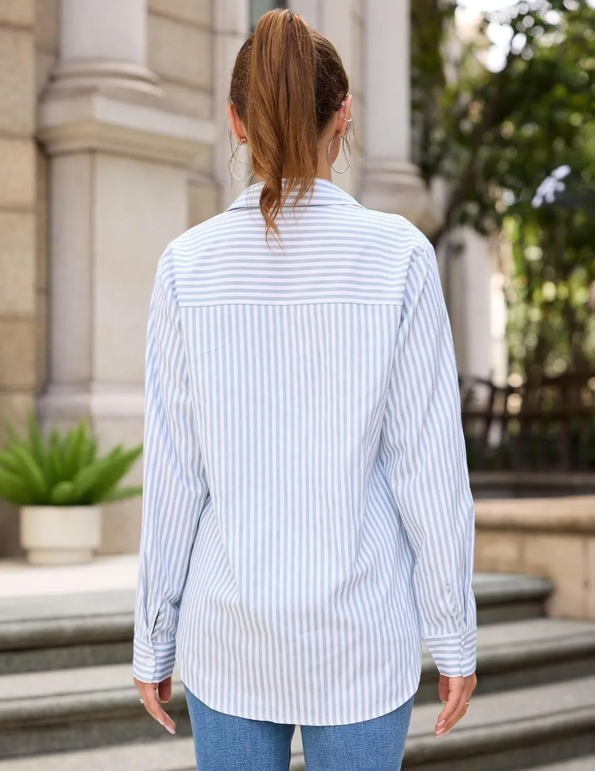 HOTOUCH Womens Striped Button Down Shirts Collared Shirt Casual Long Sleeve Business Office Work Blouses Tops