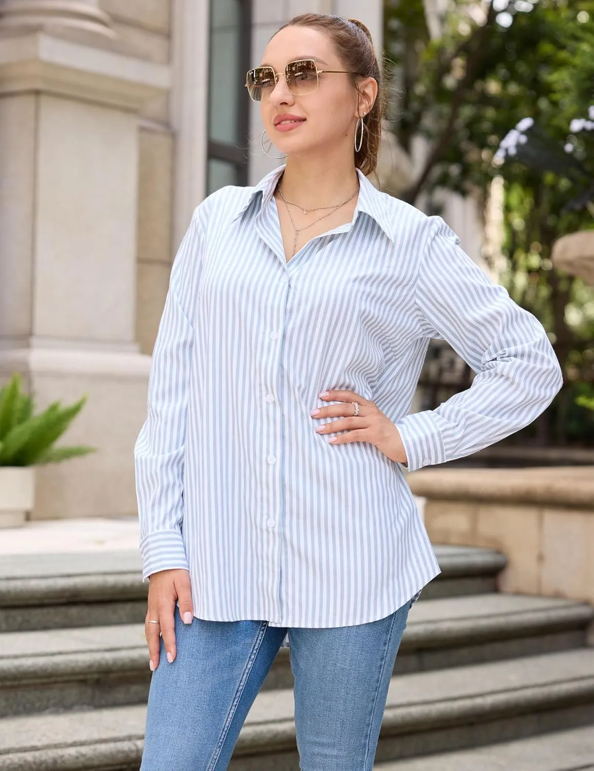 HOTOUCH Womens Striped Button Down Shirts Collared Shirt Casual Long Sleeve Business Office Work Blouses Tops
