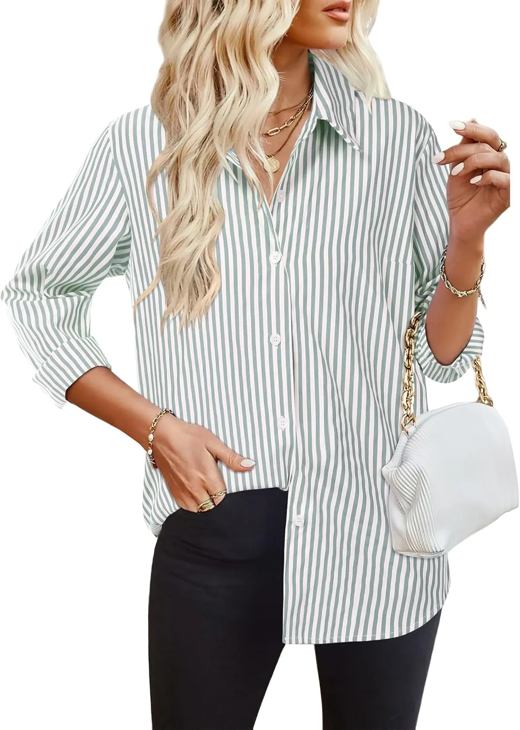 HOTOUCH Womens Striped Button Down Shirts Collared Shirt Casual Long Sleeve Business Office Work Blouses Tops
