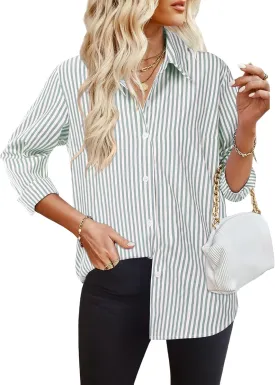 HOTOUCH Womens Striped Button Down Shirts Collared Shirt Casual Long Sleeve Business Office Work Blouses Tops