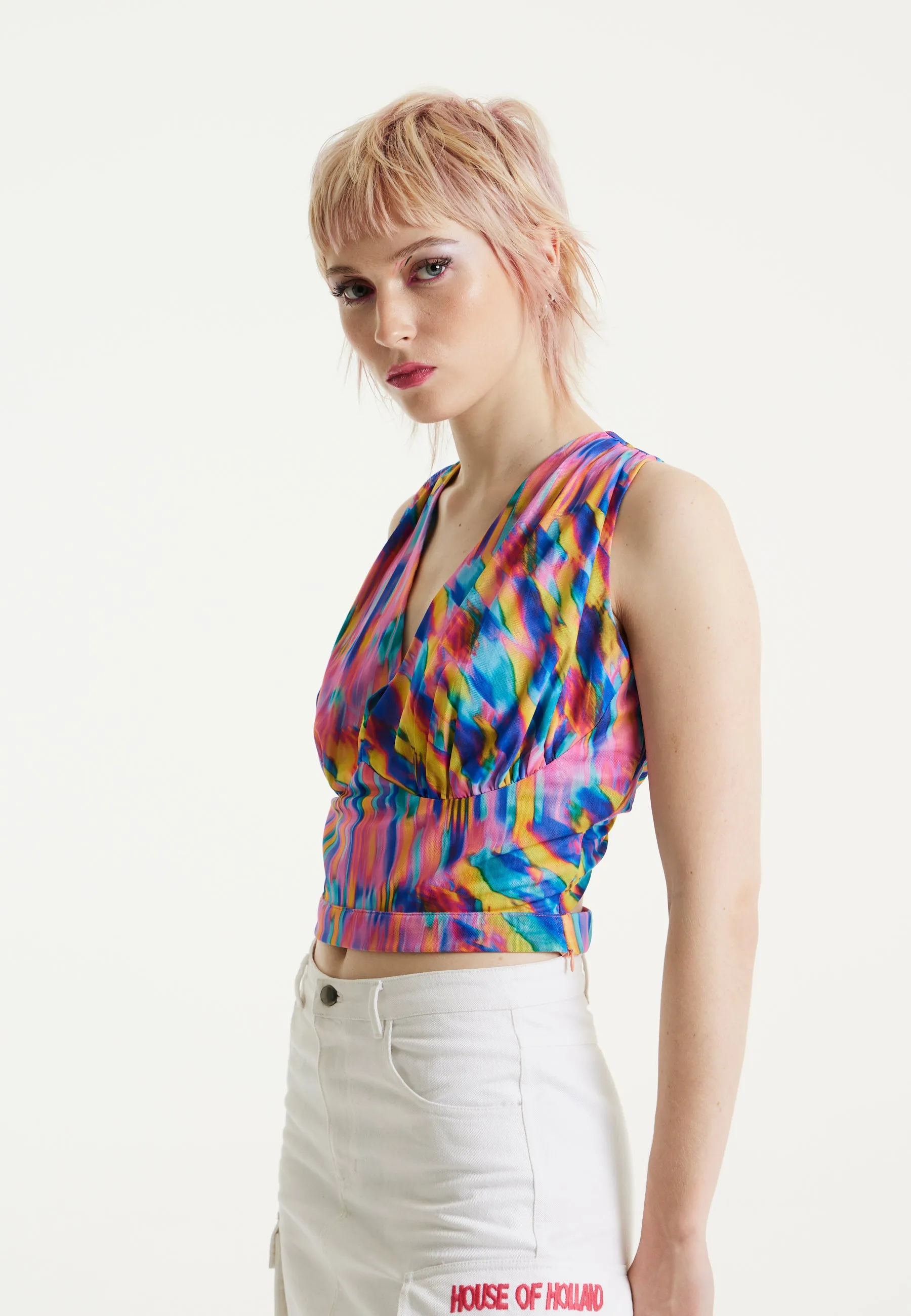 House of Holland Pink Top With Multicolour Rainbow Print
