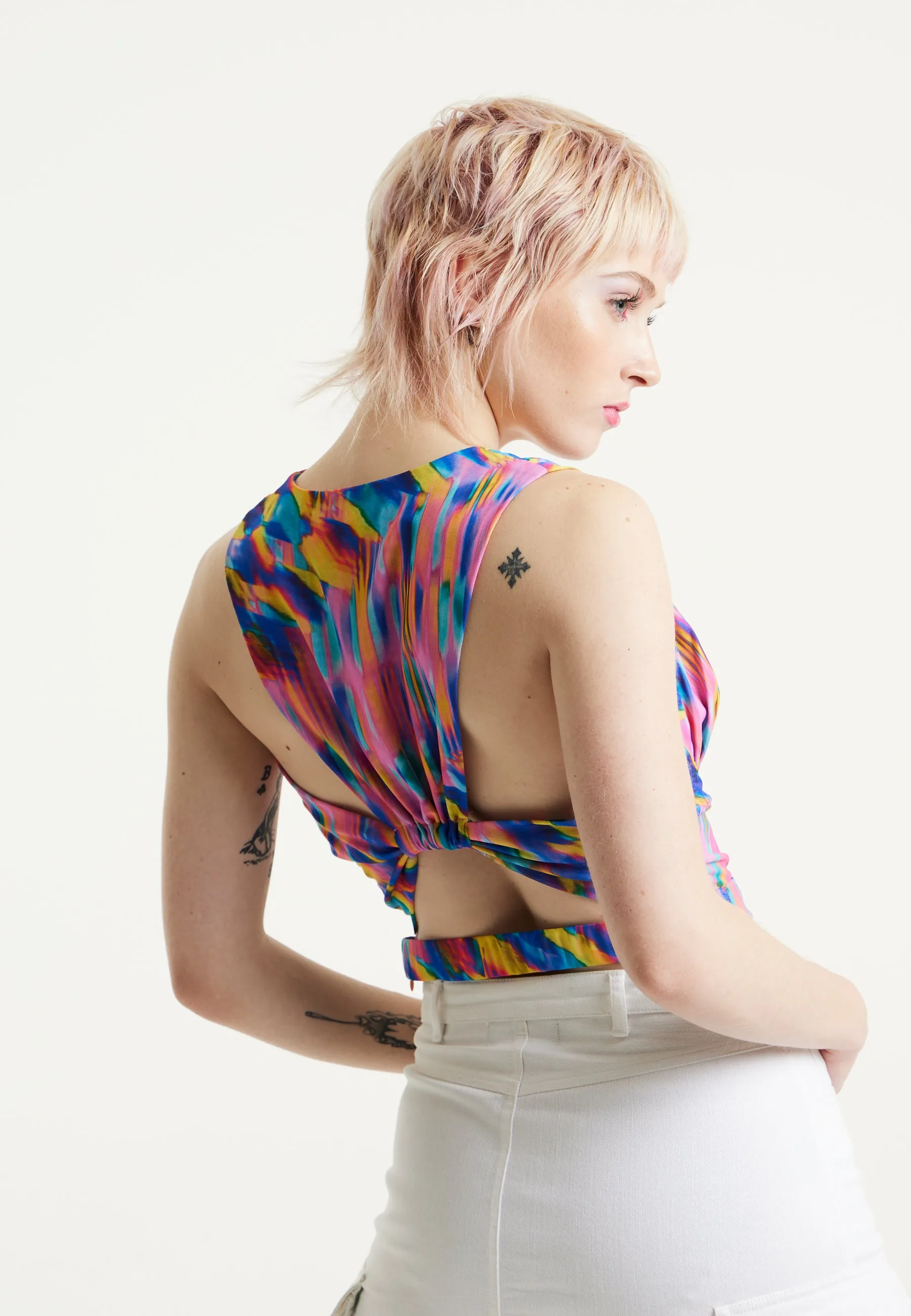House of Holland Pink Top With Multicolour Rainbow Print