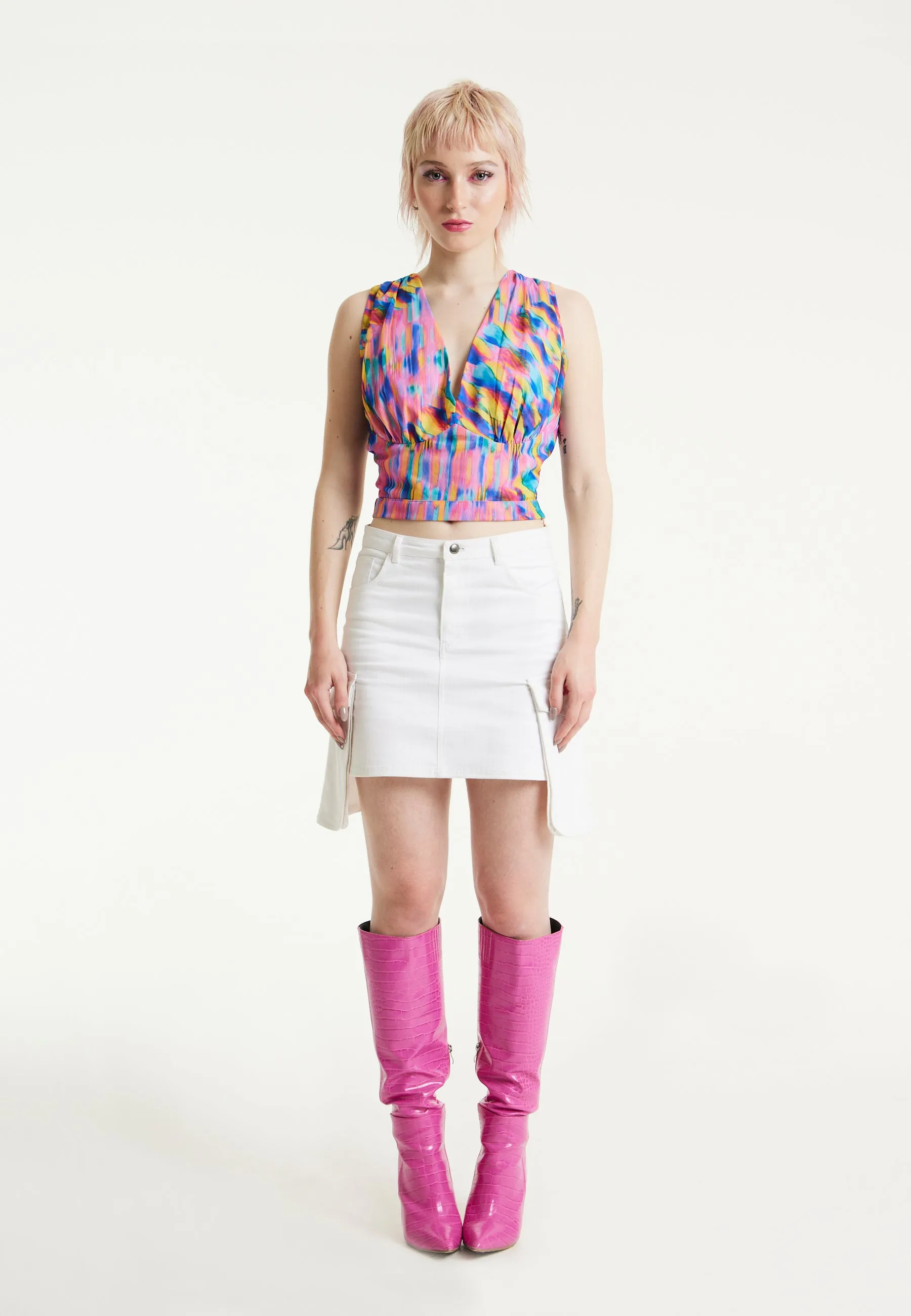 House of Holland Pink Top With Multicolour Rainbow Print