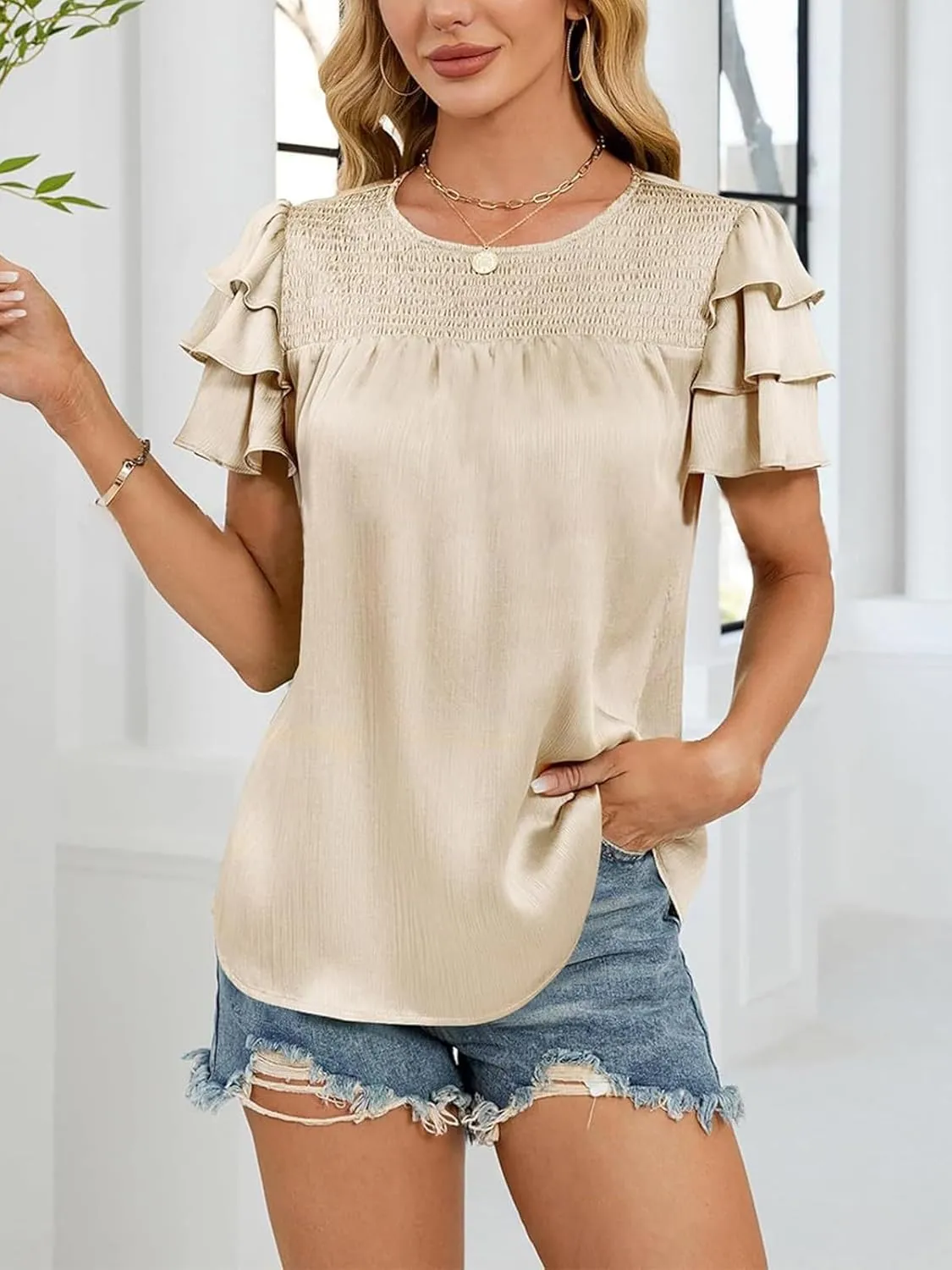 IDEALSANXUN Ruffle Sleeve Tops for Women Cute Summer Satin Short Sleeve Blouses Shirts Loose Dressy Casual Tunic Top