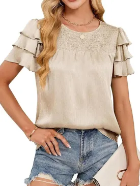 IDEALSANXUN Ruffle Sleeve Tops for Women Cute Summer Satin Short Sleeve Blouses Shirts Loose Dressy Casual Tunic Top