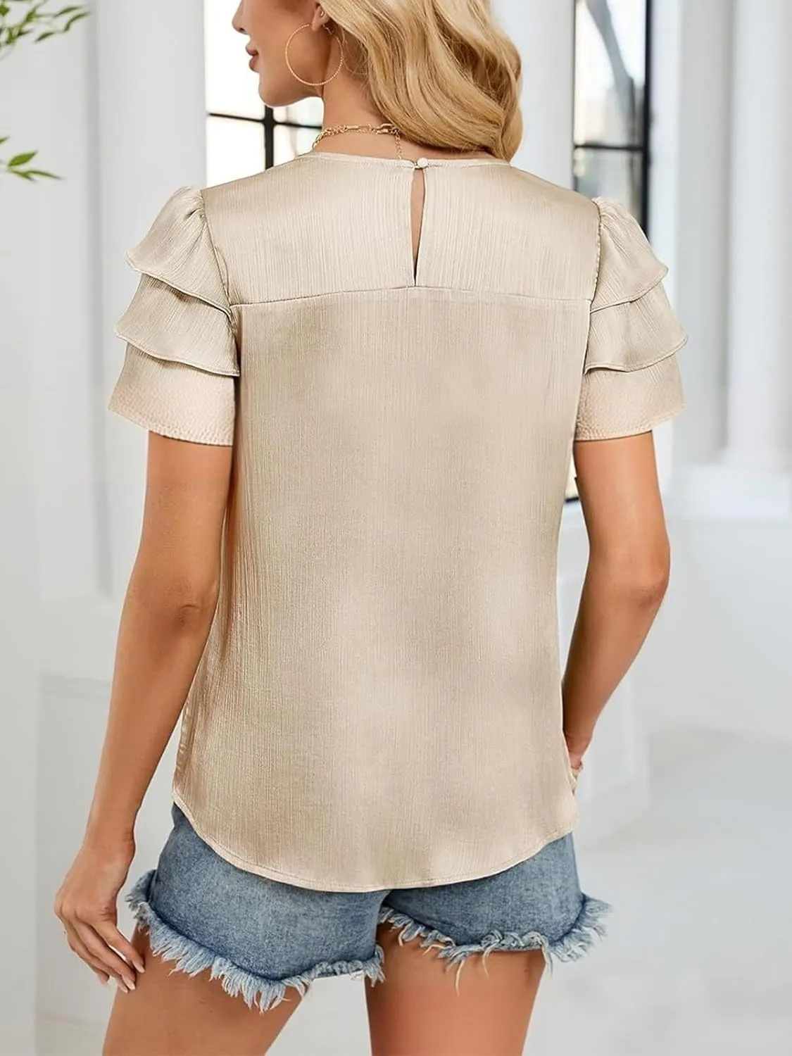 IDEALSANXUN Ruffle Sleeve Tops for Women Cute Summer Satin Short Sleeve Blouses Shirts Loose Dressy Casual Tunic Top